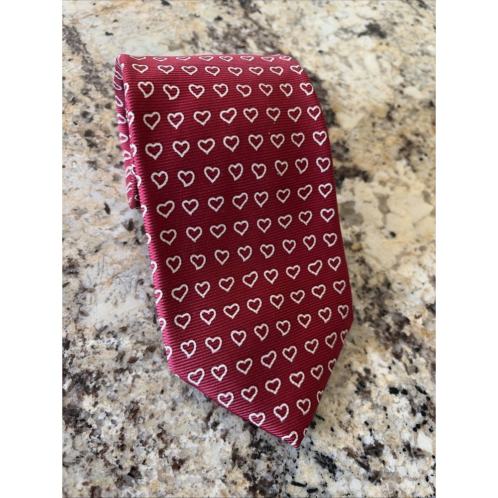Lands End Heart Print Necktie Mens Size Long Red Valentine Silk Wedding Tie